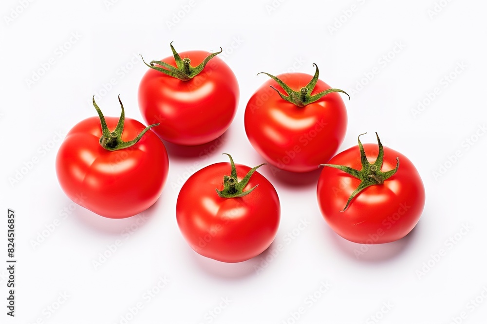 Fresh tomatoes on a green stem isolated on white background. Close-up, side view Fresh tomatoes on a green stem isolated on white background. Close-up, side view