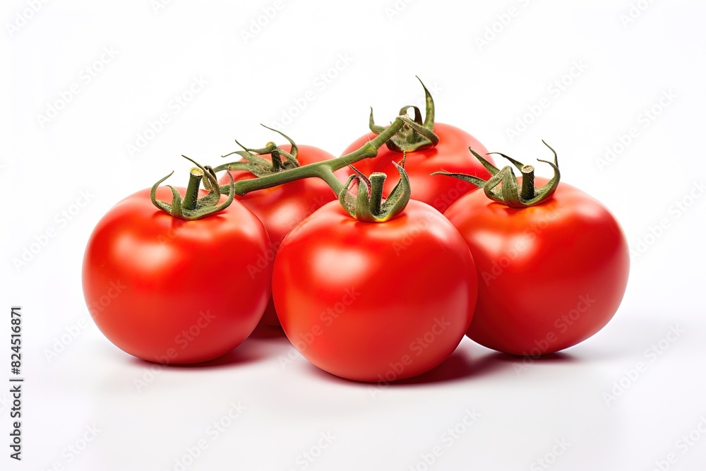 Fresh tomatoes on a green stem isolated on white background. Close-up, side view Fresh tomatoes on a green stem isolated on white background. Close-up, side view