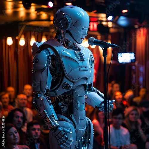 A robot is on stage, holding a microphone and performing stand-up comedy.