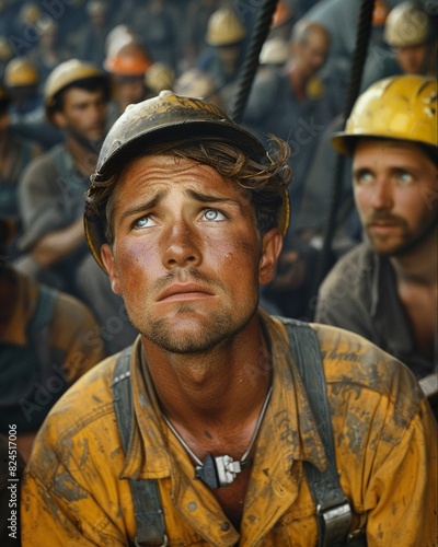 A young construction worker looks up at the sky, his face is dirty and sweaty.