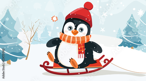 Smiling cartoon cute penguin in warm hat and scarf 