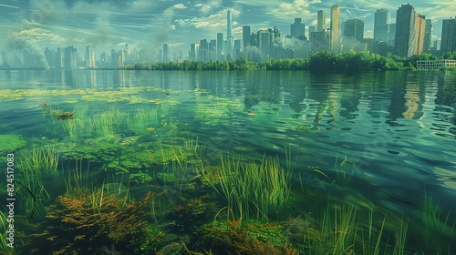 An overgrown lake in front of a large futuristic city photo