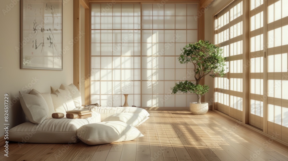 Interior design in a modern living room with wooden floor and white walls designed in Japanese style. 3D illustration. 3D rendering.