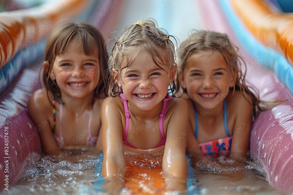 Three little girls playing on the water slide Three little girls playing on the water slide