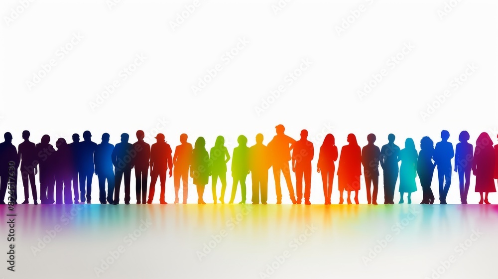 Unity in Diversity - Colorful Silhouettes of Diverse Crowd against White Background Representing Society's Harmony