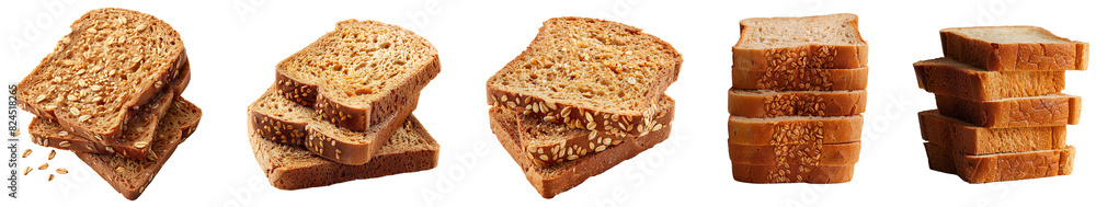 A row of bread slices with one slice missing cutout on transparent background. Mockup for template product presentation. A row of bread slices with one slice missing cutout on transparent background. Mockup for template product presentation.