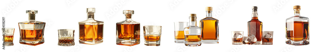 A row of liquor bottles and glasses are lined up cutout on transparent background. Mockup for template product presentation. A row of liquor bottles and glasses are lined up cutout on transparent background. Mockup for template product presentation.