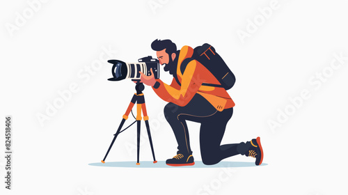 Smiling male professional photographer standing on kn