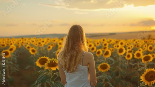 Landscape of young woman admiring the beautiful garden of sunflower field with sky during sunset.