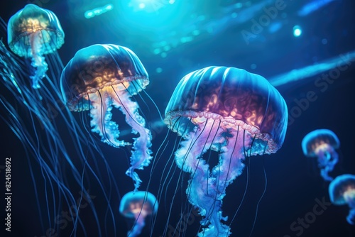 3D illustration of jellyfish background. A jellyfish swims in the ocean, light passes through the water, creating the effect of volumetric rays. Dangerous blue jellyfish
