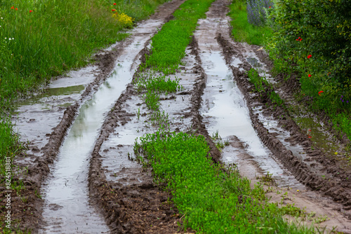 Broken country dirt road in spring mountains with lots of muddy puddles after the rain