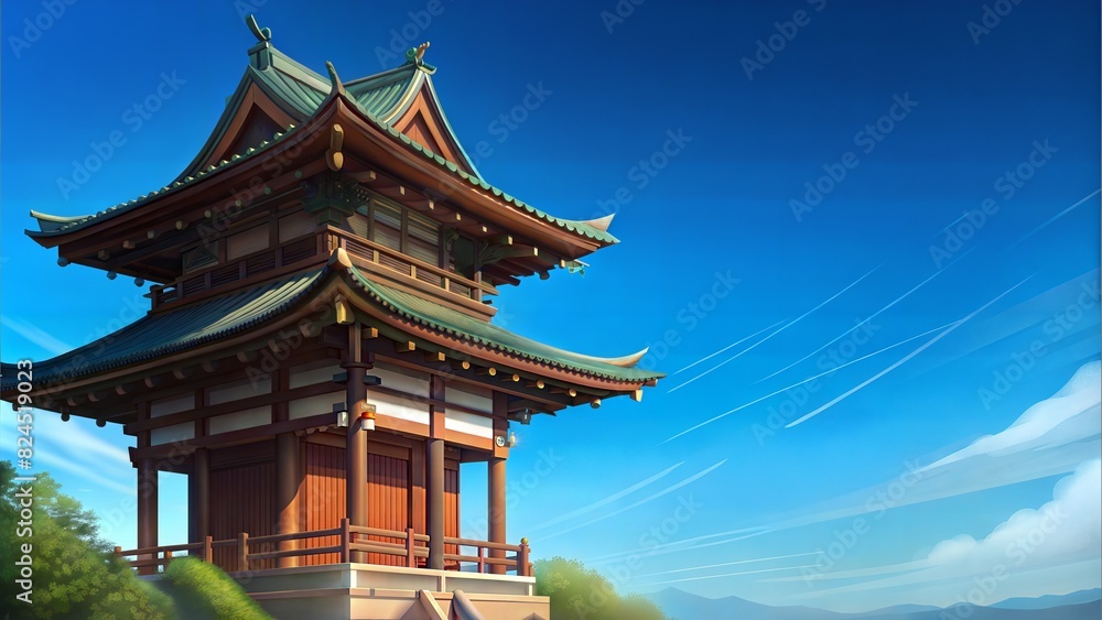 Fototapeta premium the old Japanese temple in left corner with clear blue sky background