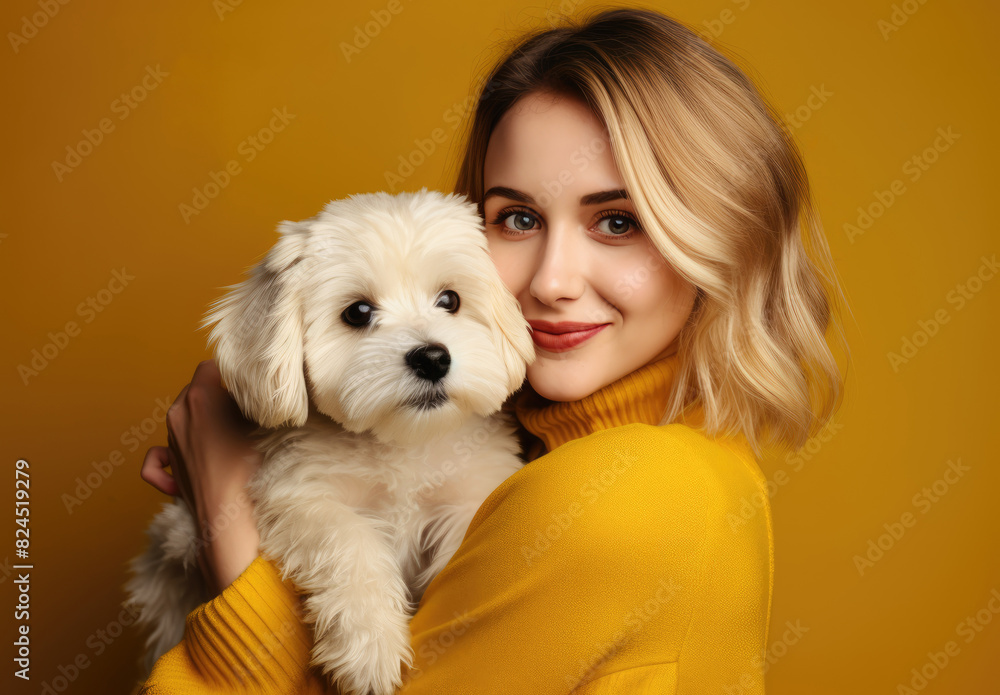 portrait of a beautiful young girl with a dog in her arms on a yellow background, the girl hugs her pet west highland white terrier, copy space portrait of a beautiful young girl with a dog in her arms on a yellow background, the girl hugs her pet west highland white terrier, copy space