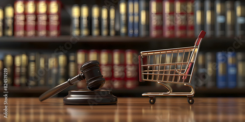  Consumer rights and protection, law concept with shopping cart , Consumer Protection Concept. Judges hammer, law books cart on wooden background. 