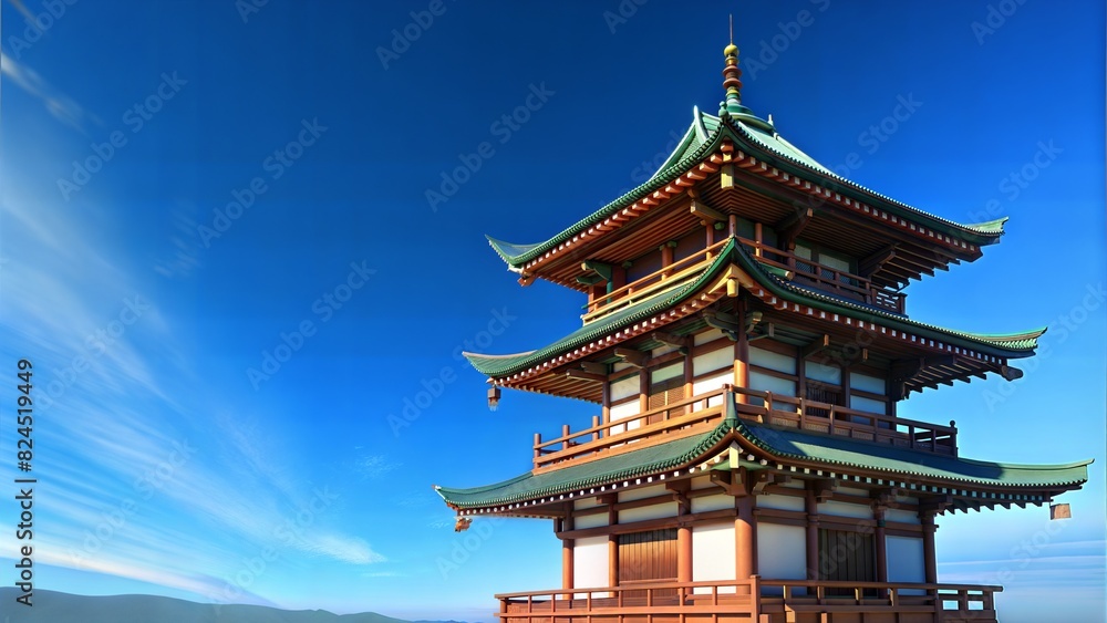 the old Japanese temple in left corner with clear blue sky background
