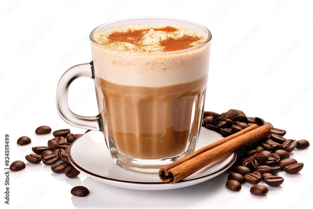Hot Cappuccino coffee in a clear glass on a white background with coffee beans. Hot Cappuccino coffee in a clear glass on a white background with coffee beans.
