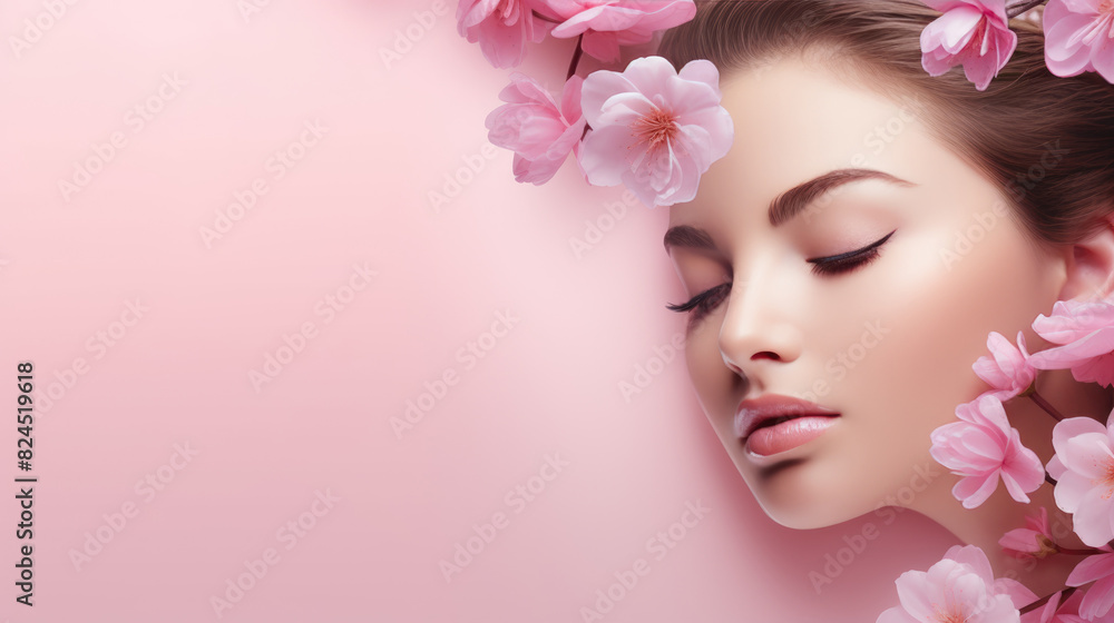 Beautiful girl with flowers on a pink background.Beauty Model Woman Face. Perfect skin. Professional makeup.Makeup. Art of fashion Beautiful girl with flowers on a pink background.Beauty Model Woman Face. Perfect skin. Professional makeup.Makeup. Art of fashion
