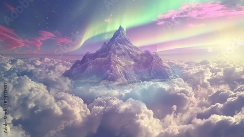 Majestic Mountain Peak Emerging Through Dramatic Clouds with Glowing Aurora Borealis.