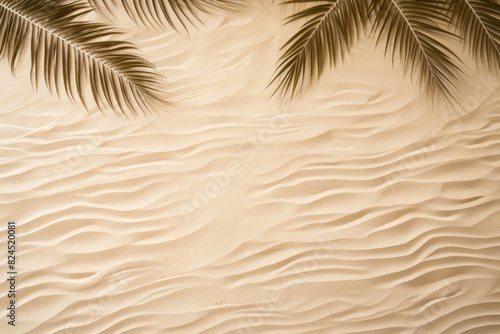 Sand texture. Sandy beach with palm tree shadow for product background. View from above. palm leaves on the sand