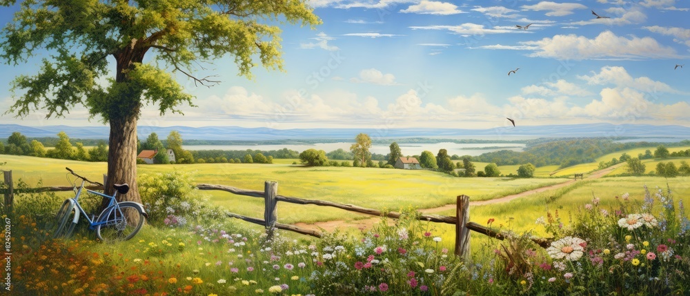 Fototapeta premium bicycle parked by a large tree. Rural landscape. Surrounded by lush green fields, seasonal fields, natural mountains. banner