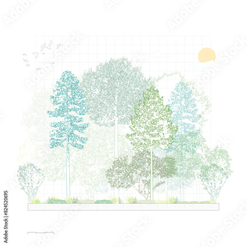 Architectural Drawings vector exterior park forest section. hand drawn. Elevations. cad line. Green outdoor