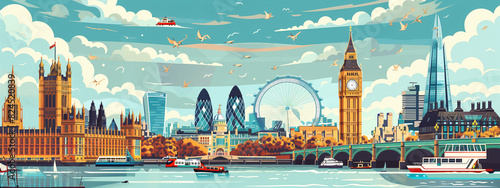 Stylized vector illustration of london's skyline featuring big ben, the london eye, and the thames with colorful, dynamic, and detailed artwork