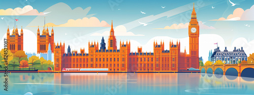 Colorful and vibrant london skyline illustration with iconic landmarks. Including big ben. The houses of parliament. And the river thames. In a stylized and artistic vector cityscape