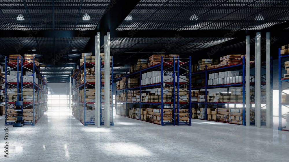 View at large warehouse with numerous items and rows of shelves with boxes - 3D Visualization