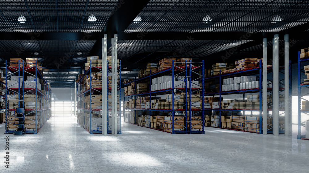 View at large warehouse with numerous items and rows of shelves with boxes - 3D Visualization View at large warehouse with numerous items and rows of shelves with boxes - 3D Visualization