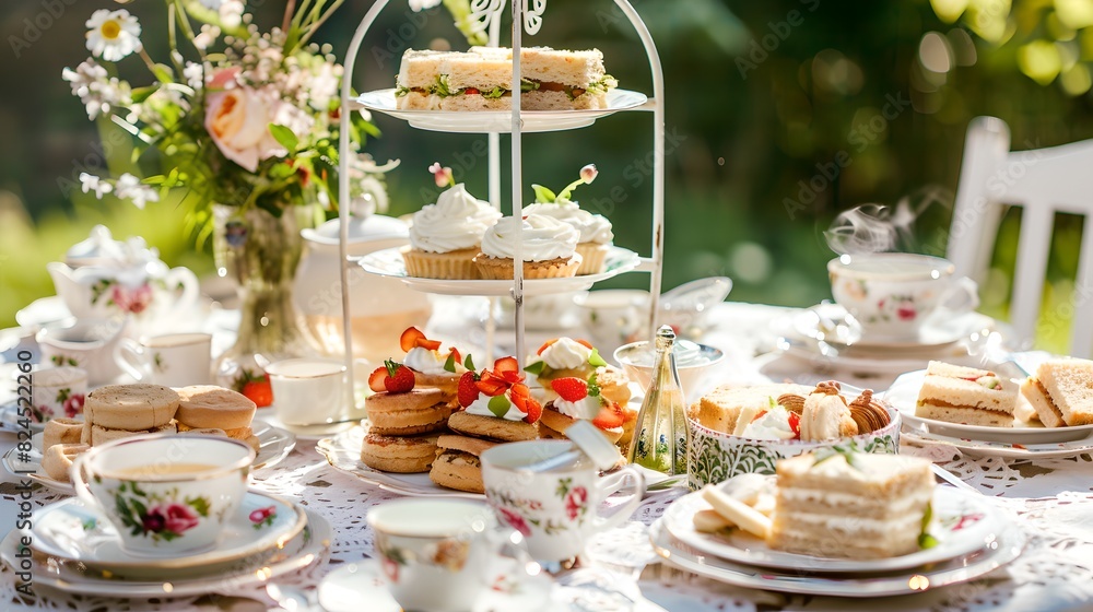 Elegant Outdoor Afternoon Tea Party with Delicious Pastries and Flowery Decor