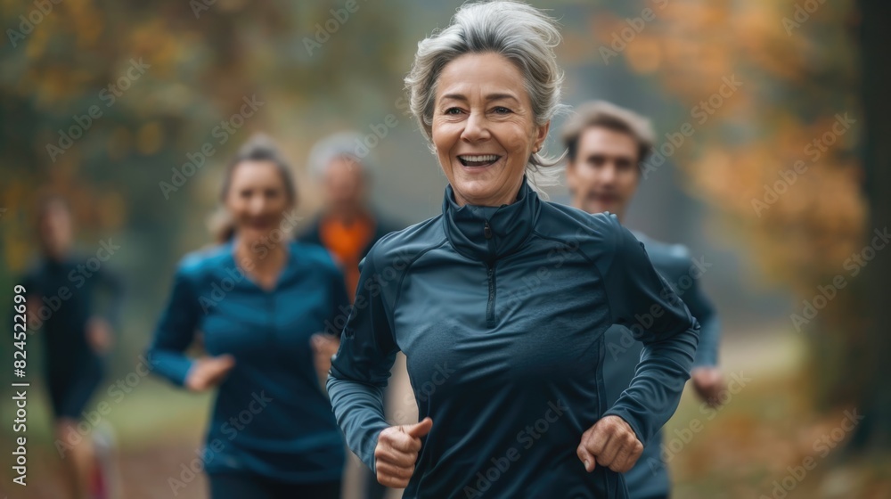 A happy healthy Caucasian elderly woman is jogging for exercise with friends at park. A happy healthy Caucasian elderly woman is jogging for exercise with friends at park.