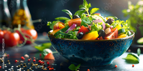 Healthy Mediterranean vegetarian dish made with tabbouleh salad ingredients parsley onions tomatoes bulgur and chickpeas dark background photo