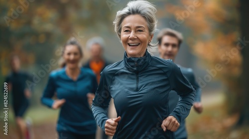  A happy healthy Caucasian elderly woman is jogging for exercise with friends at park.