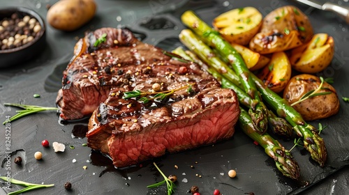 Juicy Grilled Steak with Roasted Potatoes and Asparagus on Dark Slate
