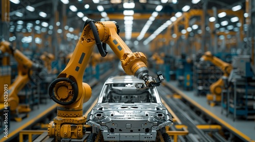 Industrial Innovation A robotic arm assembling a car in a factory  demonstrating automation and efficiency in modern industrial production. Realistic Photo 