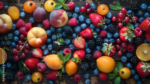Colorful Assortment of Fresh Fruits and Berries on A Dark Surface