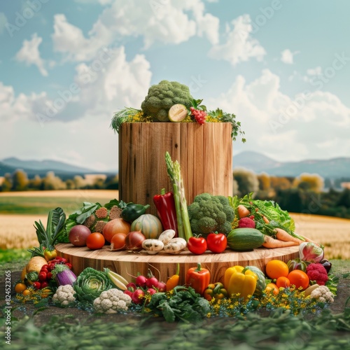 Abundant display of fresh vegetables on a table in an idyllic countryside setting with rolling hills and a blue sky.