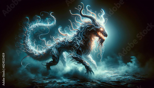 Eldritch Chimera: A surreal, full-body depiction of a rare, eldritch chimera with twisted, glowing features and scales that pulse with a mysterious light. photo