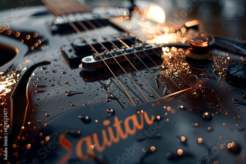 A guitar with a black background and the word,
A sleek black guitar with only the strings and fretboard visible photo