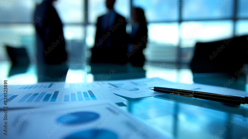 Business meeting with focus on financial documents and pen, professionals discussing strategy in blurred background, office setting. Business meeting with focus on financial documents and pen, professionals discussing strategy in blurred background, office setting.