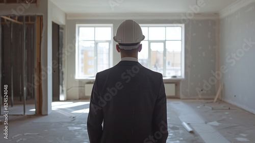 Businessman in a hard hat stands in an empty built room