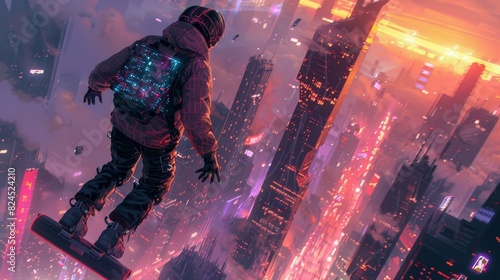A futuristic cyber thief in a neon-lit cityscape, escaping on a hoverboard with a bag of digital coins, glowing circuitry pattern on the bag, digital rain backdrop photo