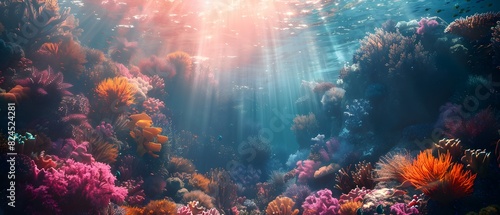A vibrant coral reef scene underwater with various fish, displaying the beauty of marine life photo