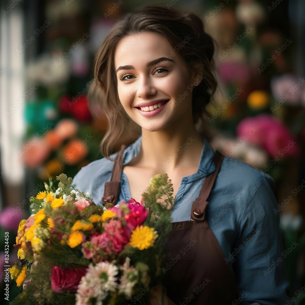 flower seller with a bouquet in her hands in a flower shop.