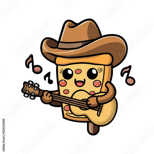 Pizza cowboy hat illustration playing guitar
