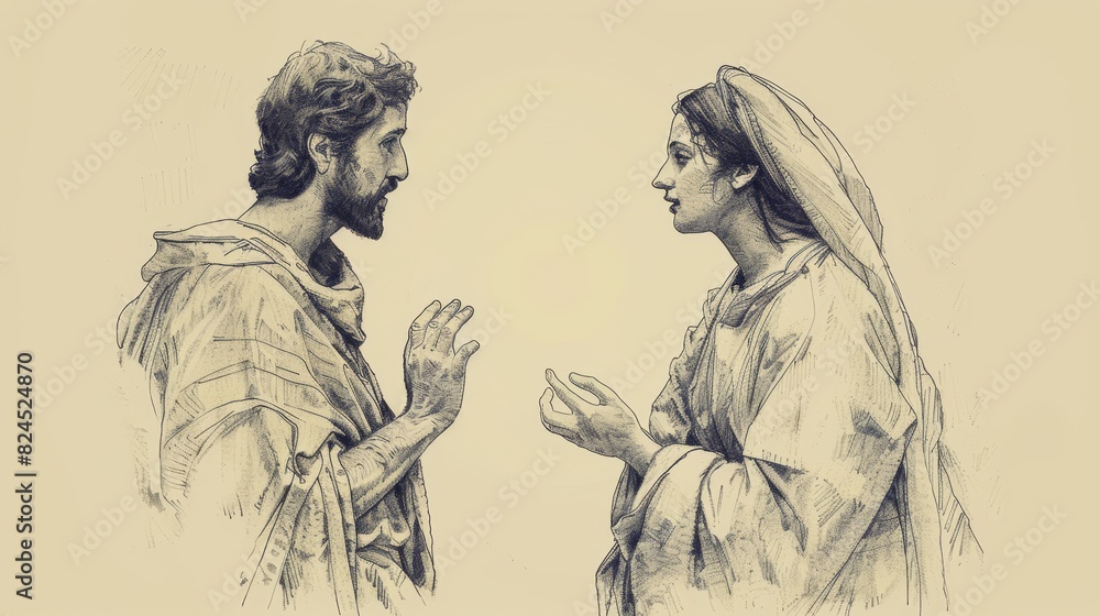 Fototapeta premium Jesus' Interaction with the Man with the Withered Hand, Biblical Illustration of Healing and Compassion, Ideal for Inspirational and Devotional Use