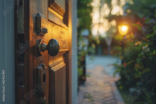 A close-up of a door knob with soft evening light creating a warm and inviting atmosphere, leading to a serene garden path. photo
