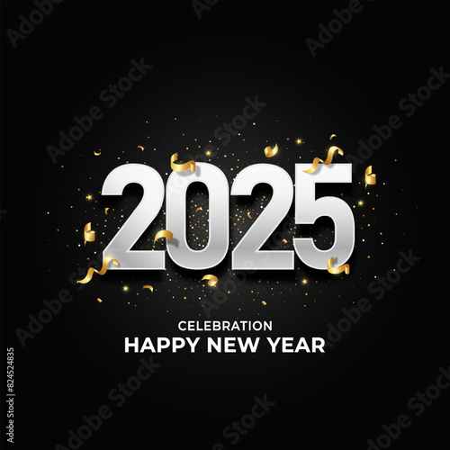 Celebration of happy new year 2025 with silver number on banner background, new year 2025 greeting card design