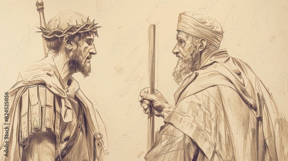 Fototapeta premium Jesus and the Roman Centurion at the Crucifixion, Biblical Illustration of Faith and Acknowledgment, Ideal for Religious article