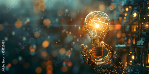 Glowing Light Bulb with Sparkling Glitter on Dark Bokeh Background for Creative Ideas Concept. With a passion for art and science, the person carefully examines the intricate details of the light bulb photo